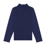 Navy Pima Cotton Ruffle Mock Neck