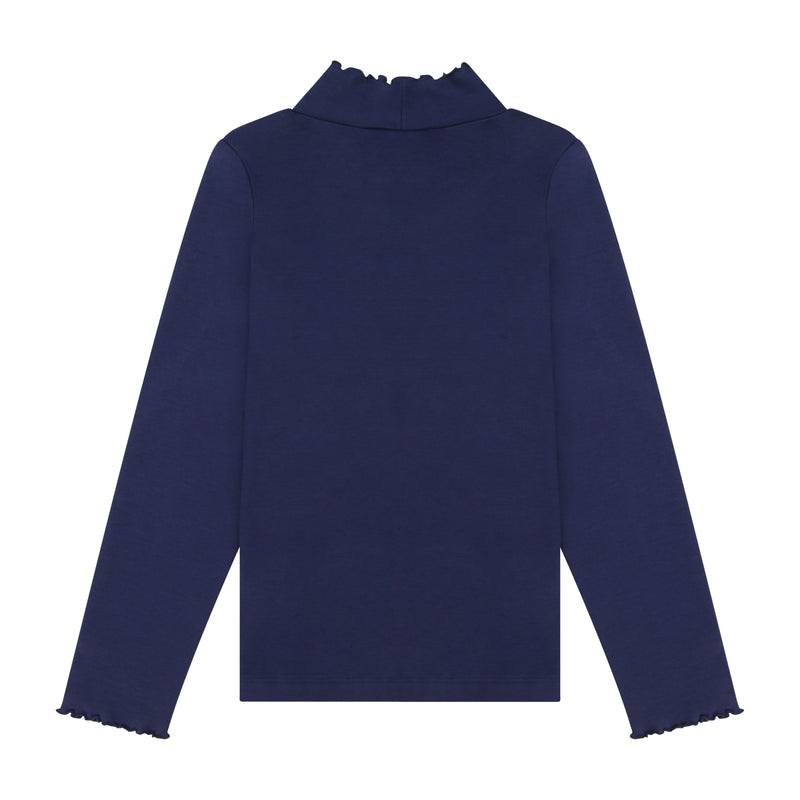 Navy Pima Cotton Ruffle Mock Neck