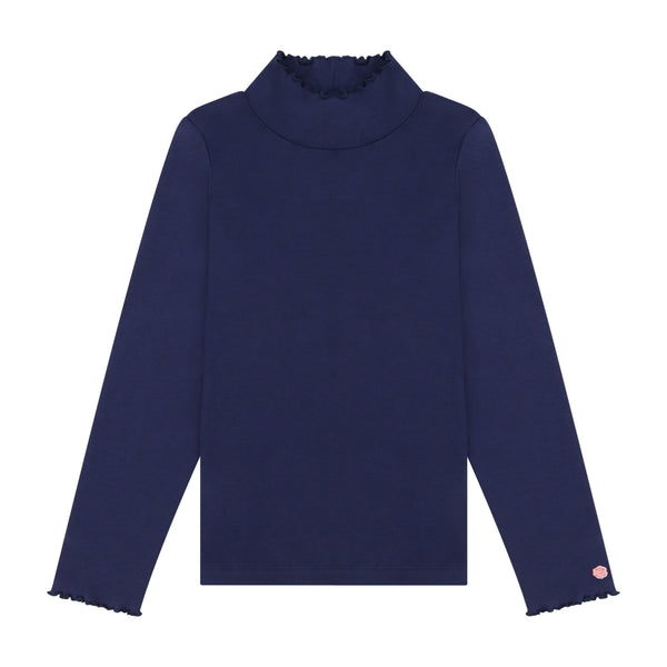 Navy Pima Cotton Ruffle Mock Neck