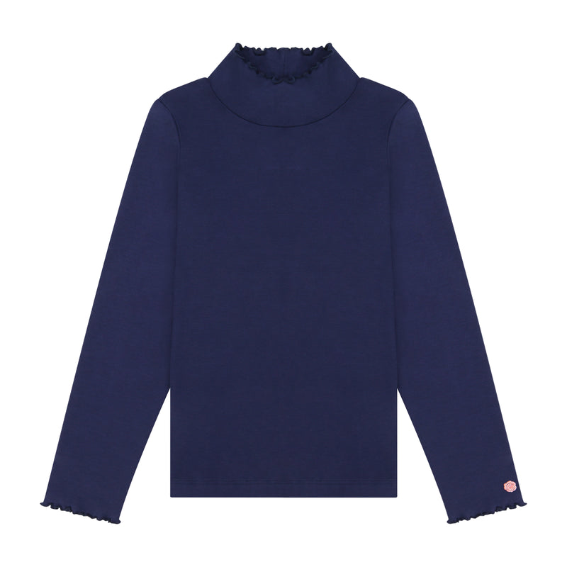 Navy Pima Cotton Ruffle Mock Neck